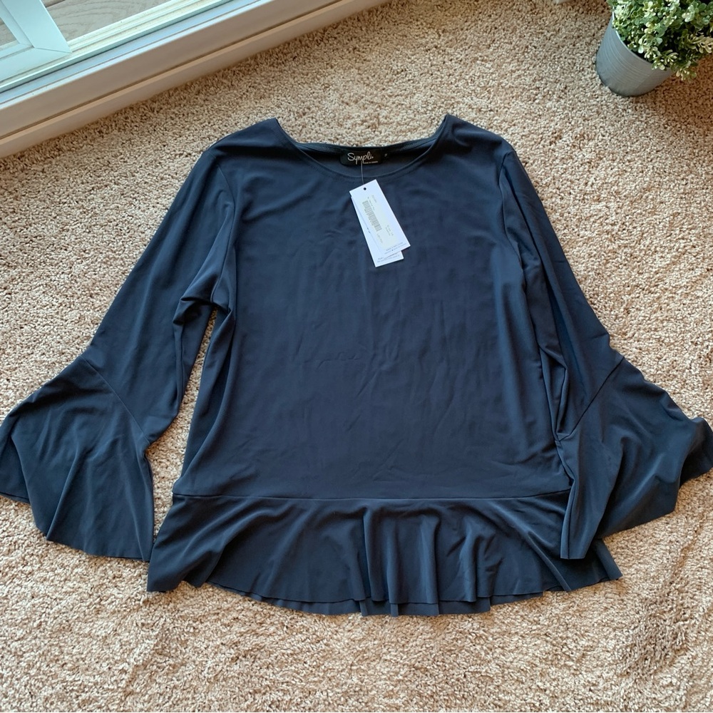 NWT Sympli Top Size 14 Gray Nu Peplum Ruffle Sleeve Pullover Canada Graphite